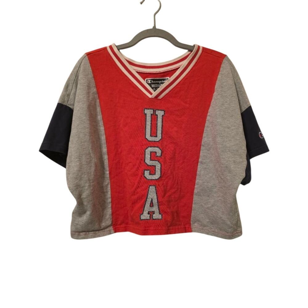 Champion USA Cropped Jersey Tee Women’s Medium Y2K Varsity V-Neck